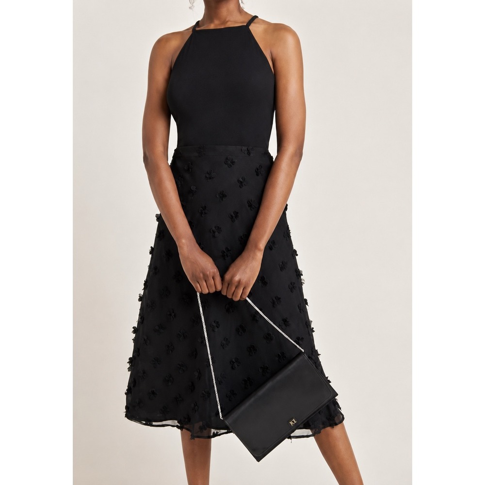 Sunday in Brooklyn Dress Women XS Black Halter Floral Applique Mesh Midi LBD